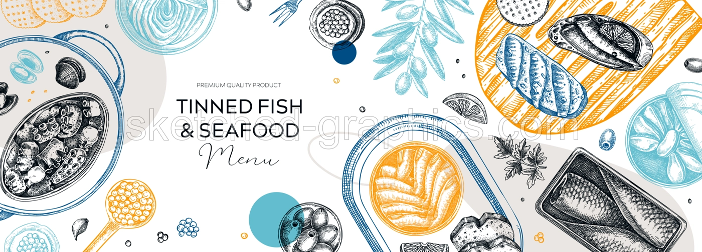 Tinned fish board artistic design. Hand drawn seafood background in collage style. Canned fish and shellfish sketches. Sardines, caviar, mackerel, tuna, mussels, olives, lemons vector banner template Illustration